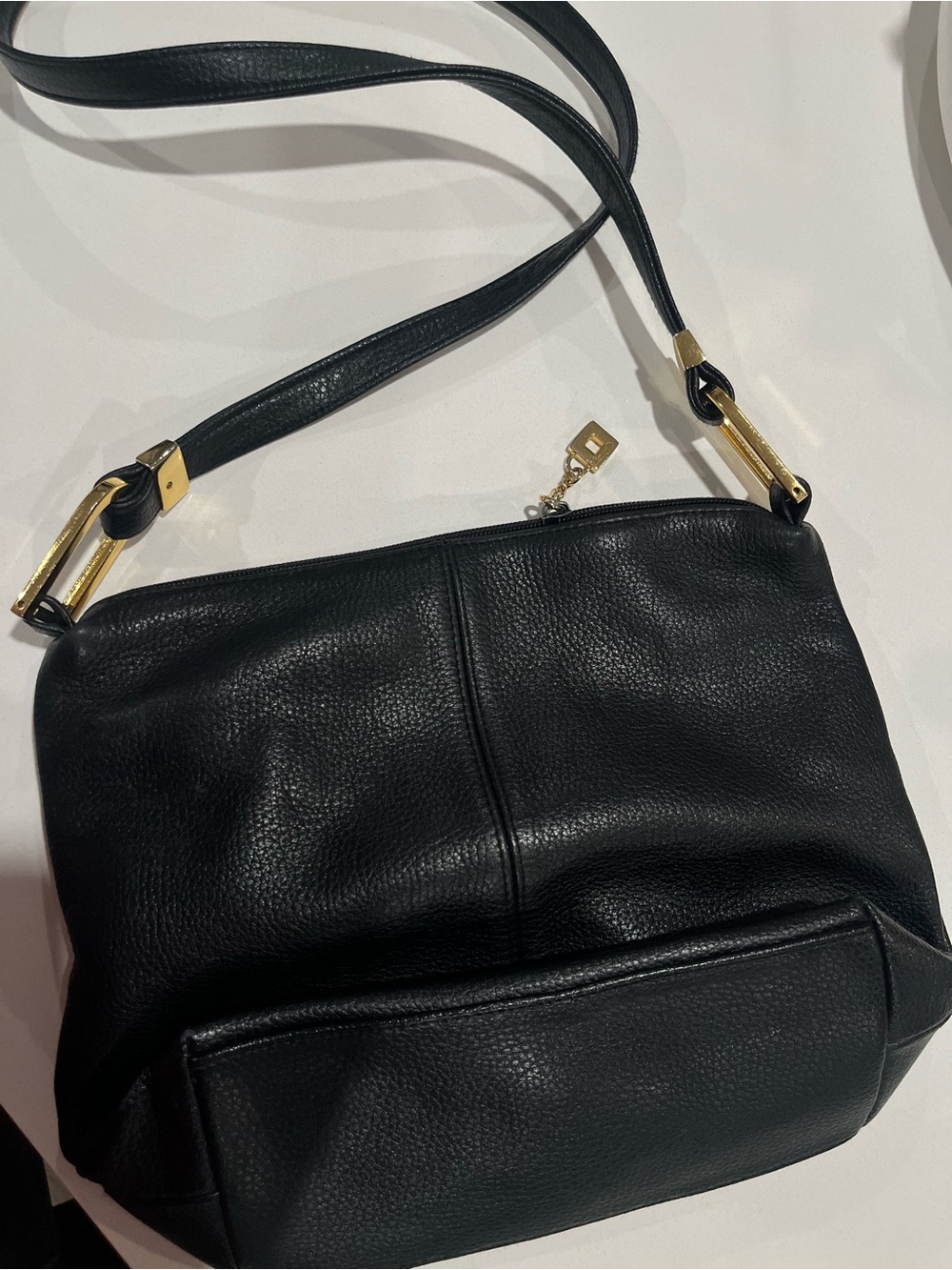Black Pebbled Crossbody Bag with Gold Accents